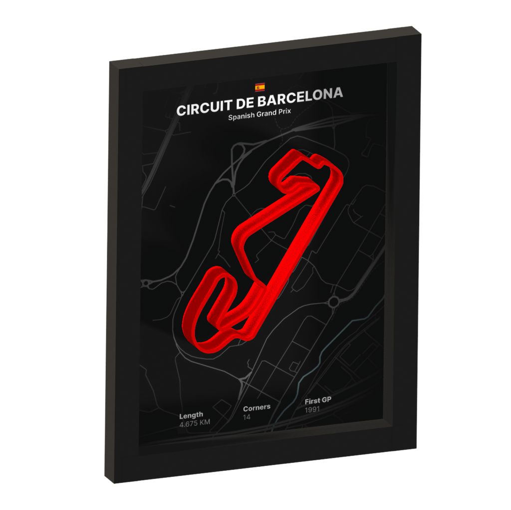 Framed artwork of Circuit de Barcelona with a 3D red track outline on a black background
