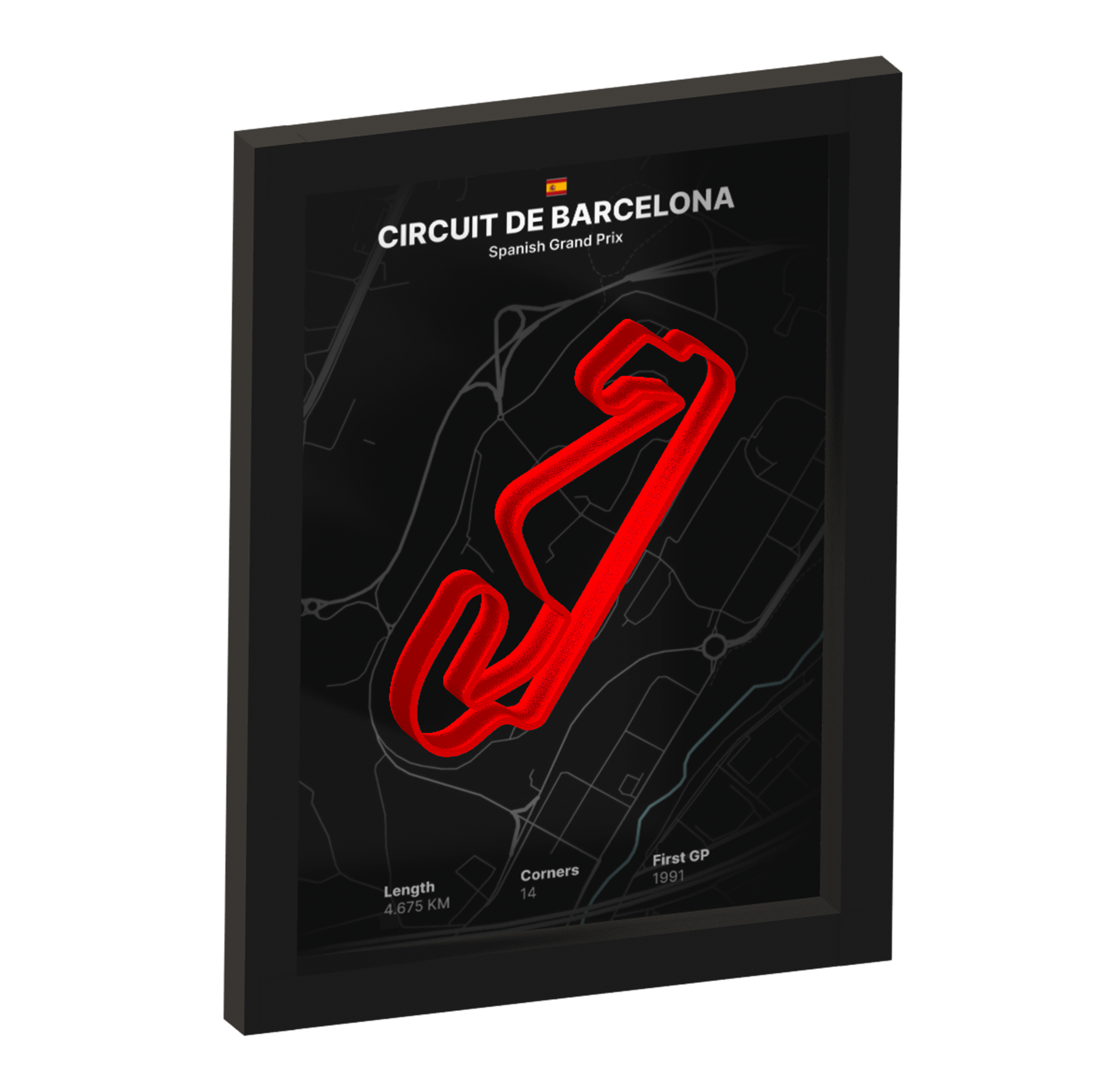 Framed artwork of Circuit de Barcelona with a 3D red track outline on a black background