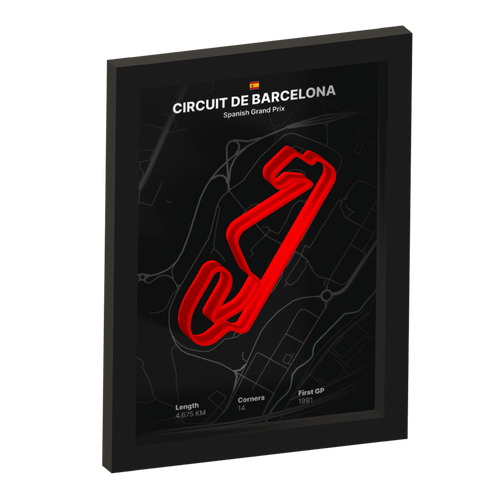 Framed artwork of Circuit de Barcelona with a 3D red track outline on a black background