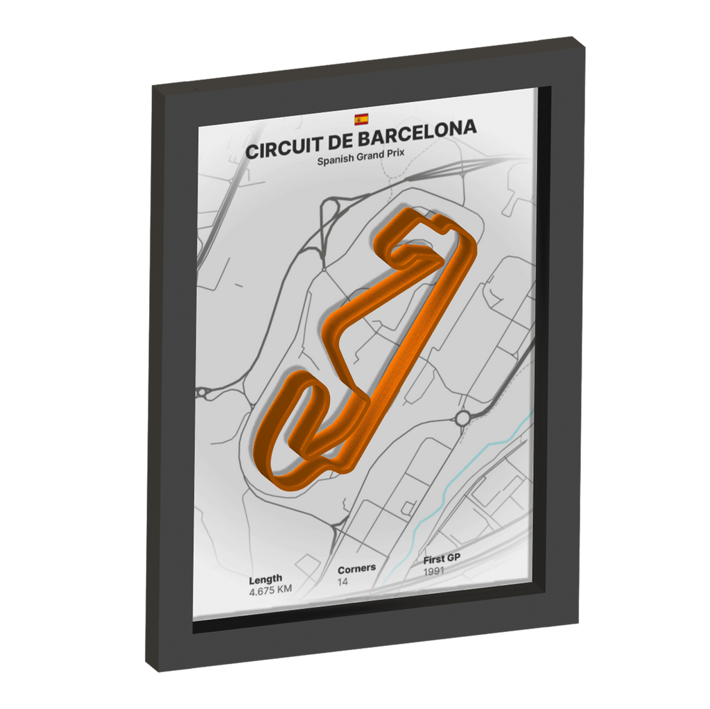 Framed artwork of Circuit de Barcelona with a 3D orange track outline on a white background