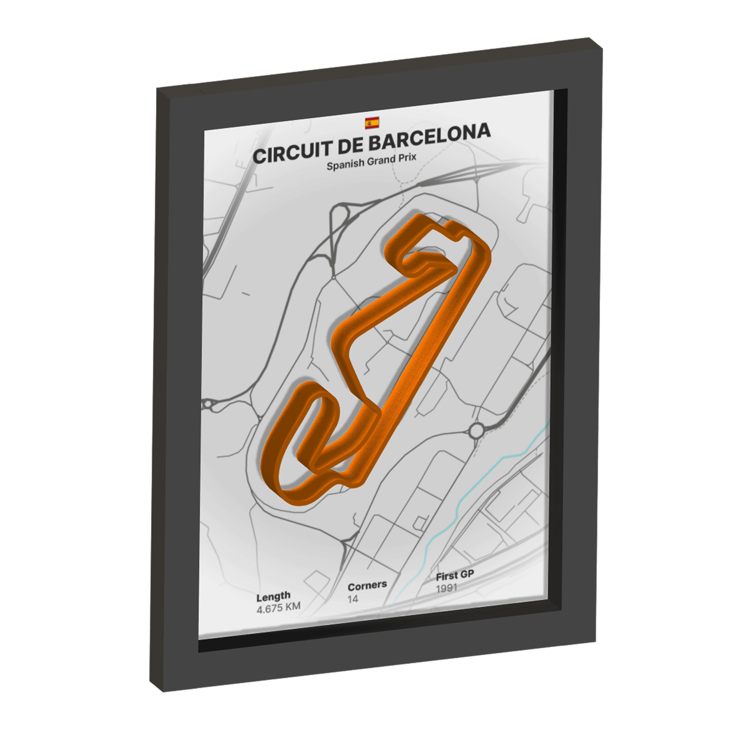Framed artwork of Circuit de Barcelona with a 3D orange track outline on a white background