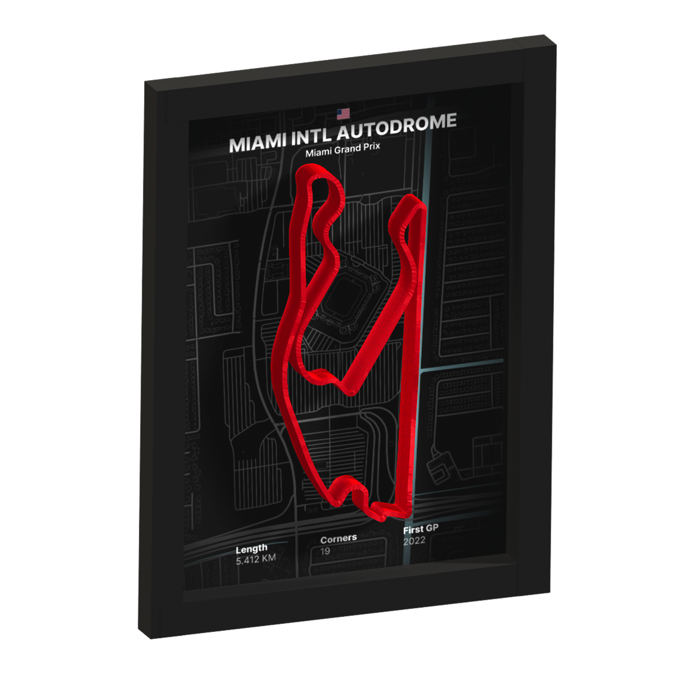 Framed artwork of Miami Intl Autodrome with 3D red track on a black background
