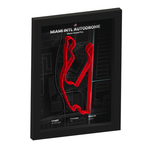 Framed artwork of Miami Intl Autodrome with 3D red track on a black background