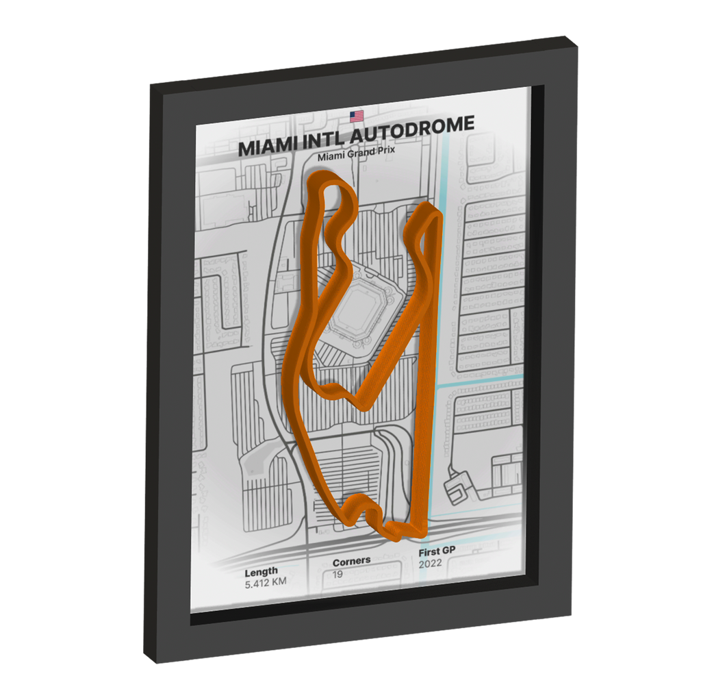 Framed artwork of Miami Intl Autodrome with 3D orange track on a white background