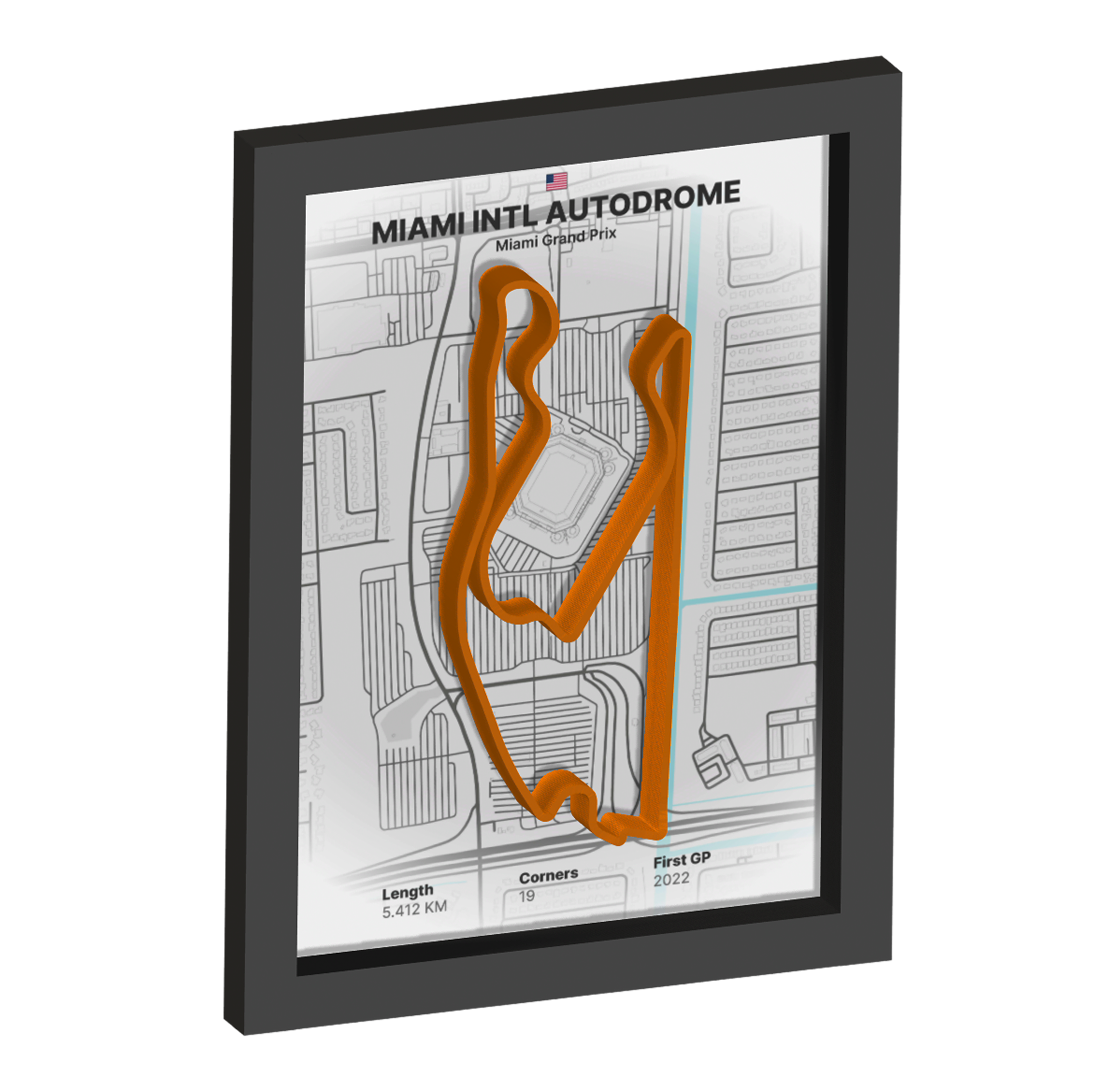 Framed artwork of Miami Intl Autodrome with 3D orange track on a white background