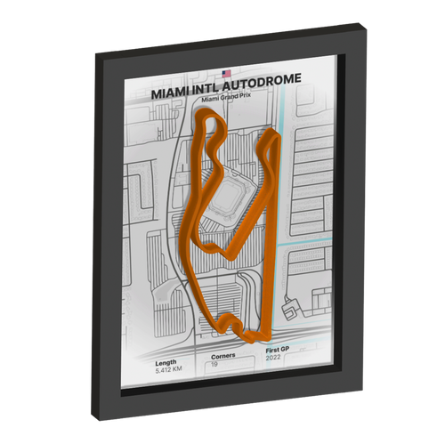 Framed artwork of Miami Intl Autodrome with 3D orange track on a white background