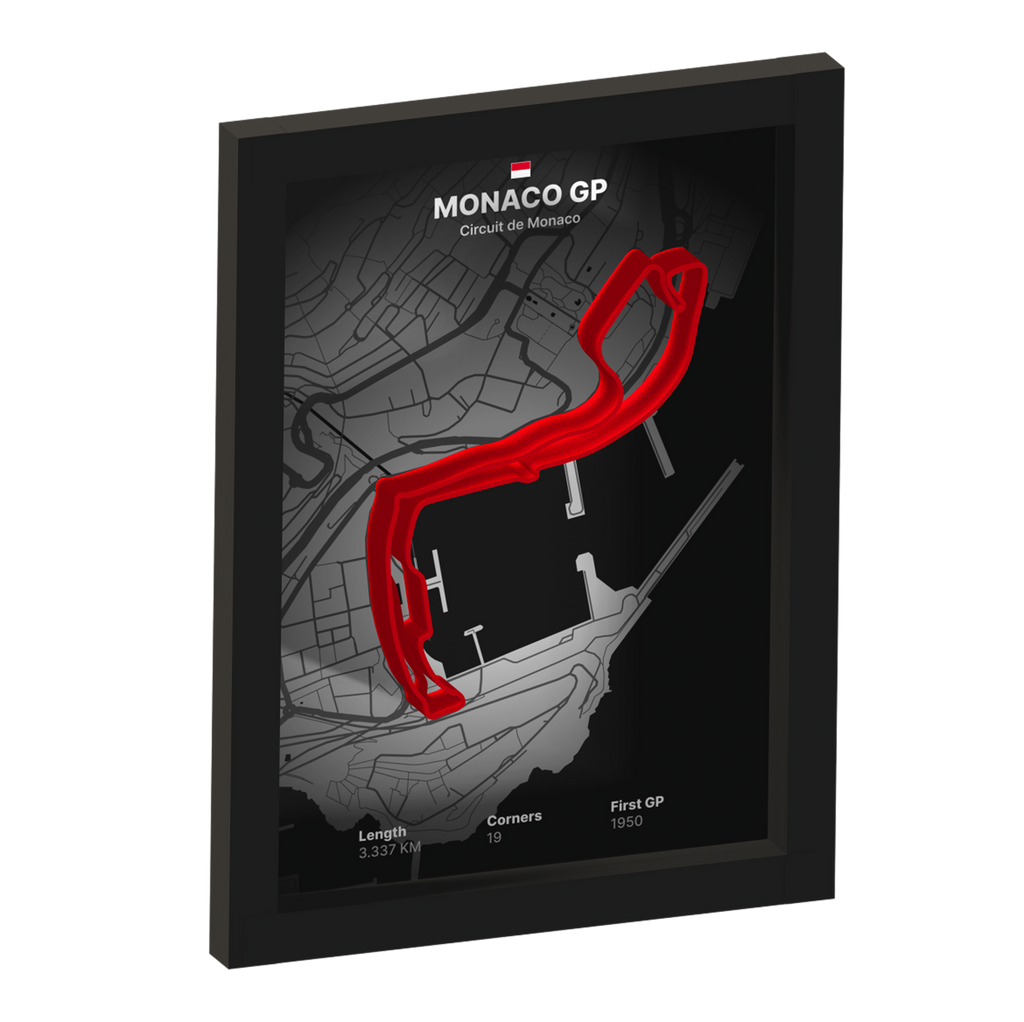 Framed artwork of Monaco GP circuit with 3D red track on a black background