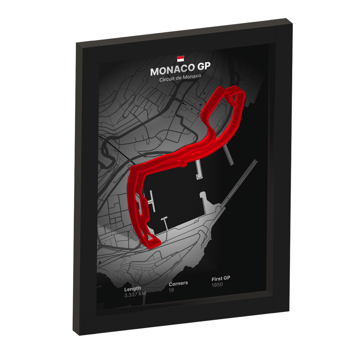 Framed artwork of Monaco GP circuit with 3D red track on a black background
