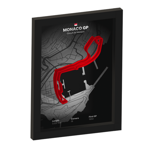 Framed artwork of Monaco GP circuit with 3D red track on a black background