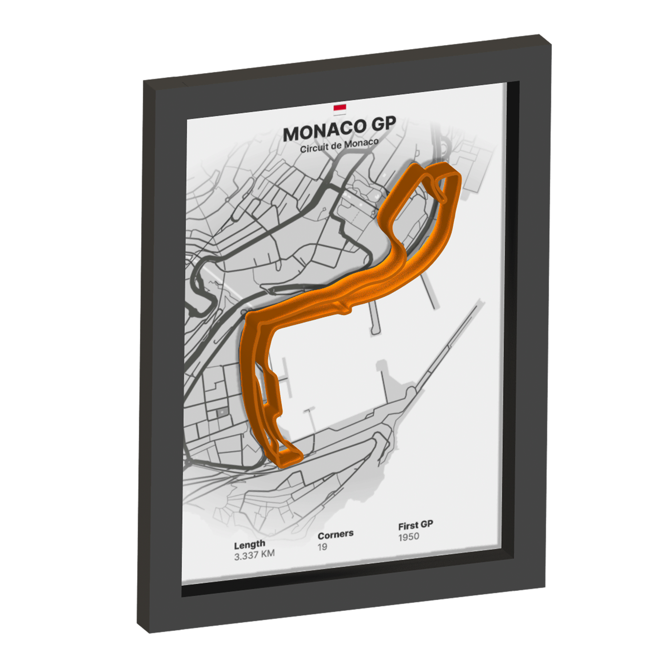 Framed artwork of Monaco Grand Prix circuit with 3D orange track on a white background