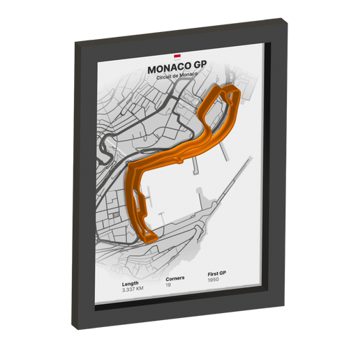 Framed artwork of Monaco Grand Prix circuit with 3D orange track on a white background