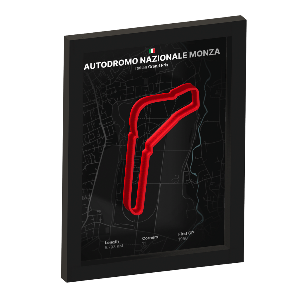 Framed artwork of Autodromo Nazionale Monza with a 3D red track on a black background