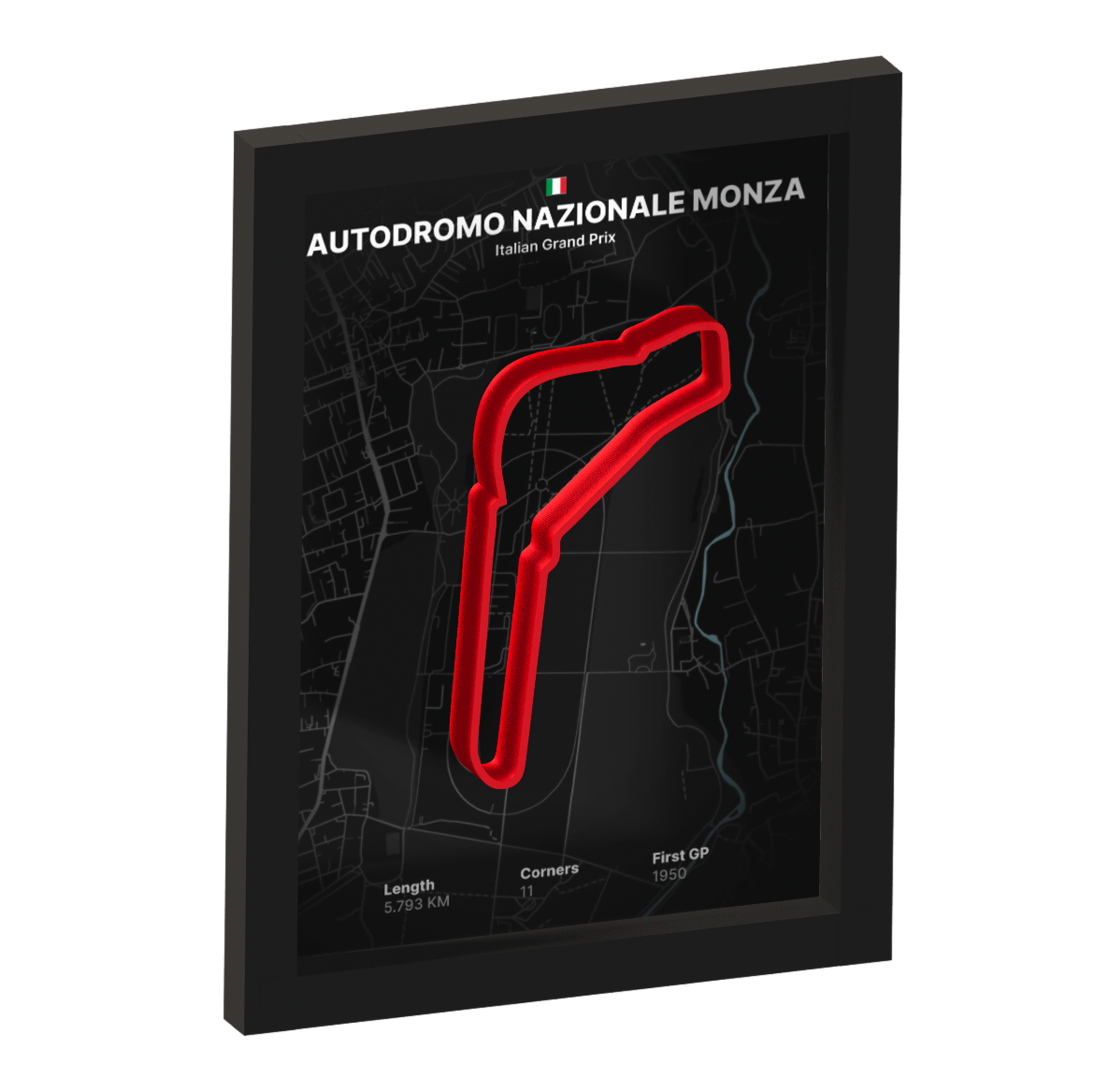 Framed artwork of Autodromo Nazionale Monza with a 3D red track on a black background