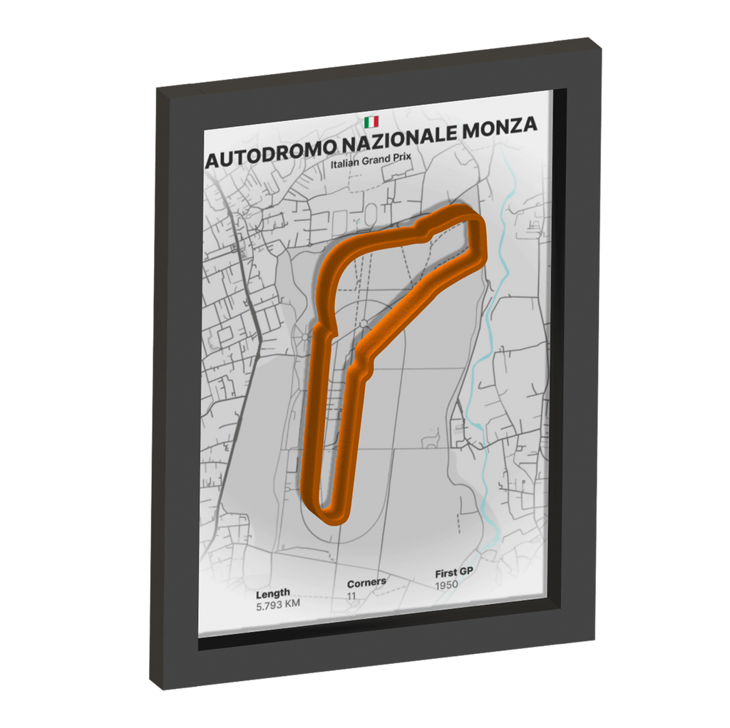 Framed artwork of Autodromo Nazionale Monza with a 3D orange track on a white background