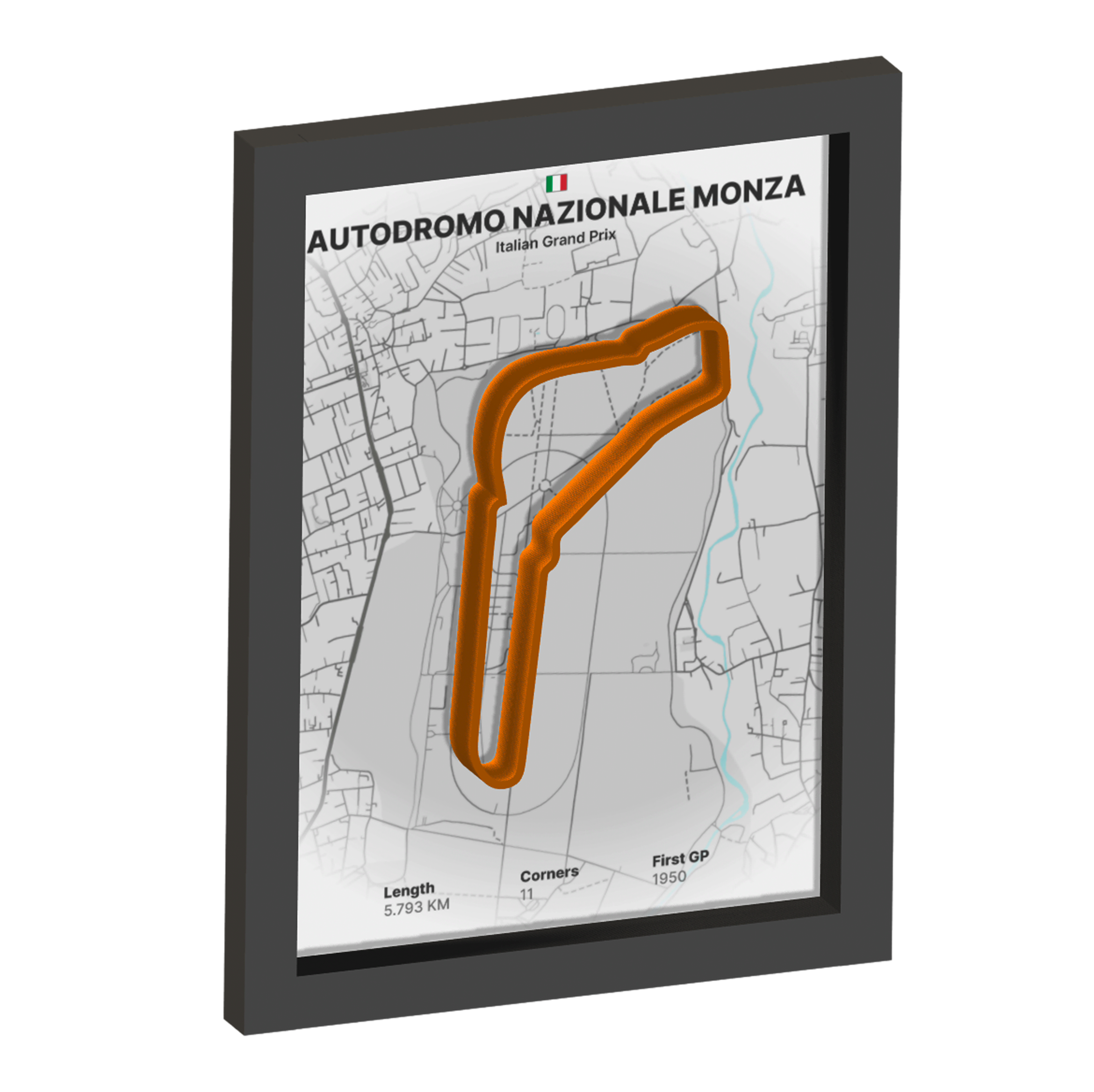 Framed artwork of Autodromo Nazionale Monza with a 3D orange track on a white background