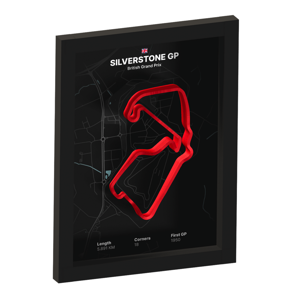 Framed artwork of Silverstone GP with a 3D red track on a black background