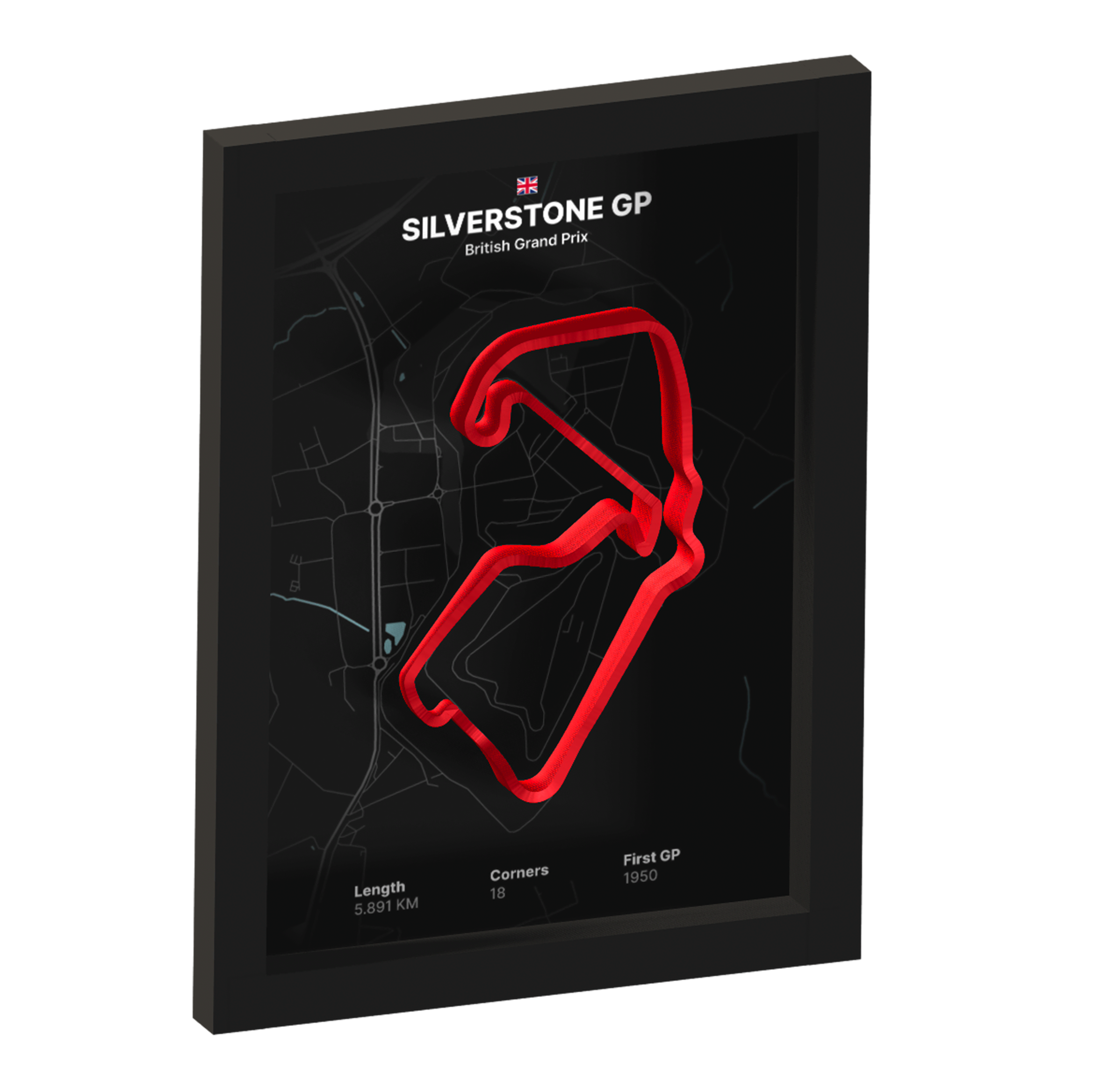 Framed artwork of Silverstone GP with a 3D red track on a black background