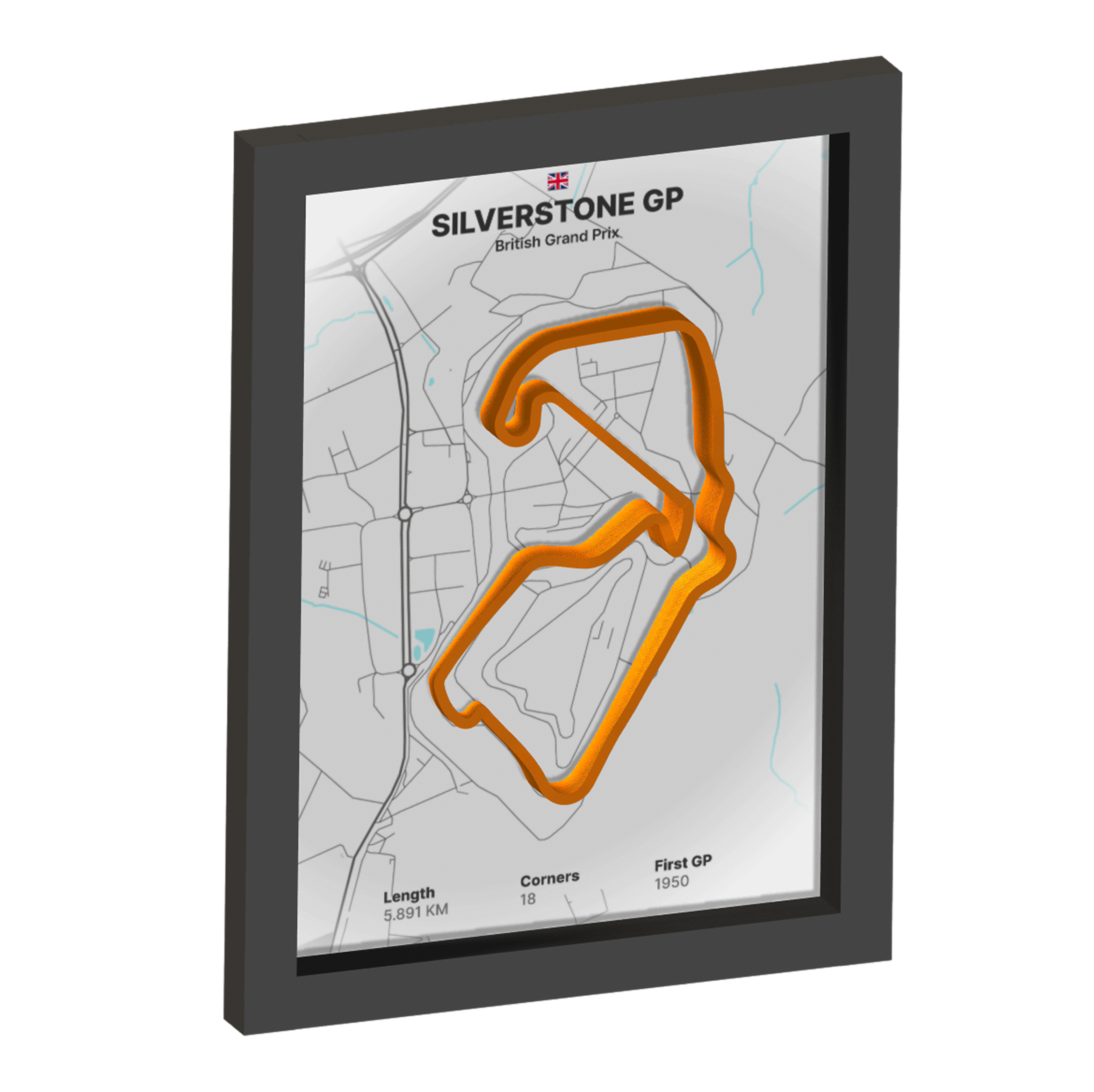 Framed artwork of Silverstone GP with a 3D orange track on a white background