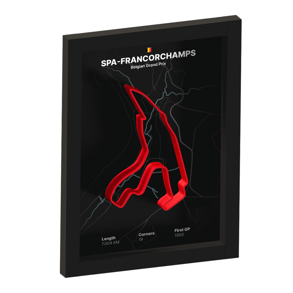 Framed artwork of Spa-Francorchamps with a 3D red track on a black background