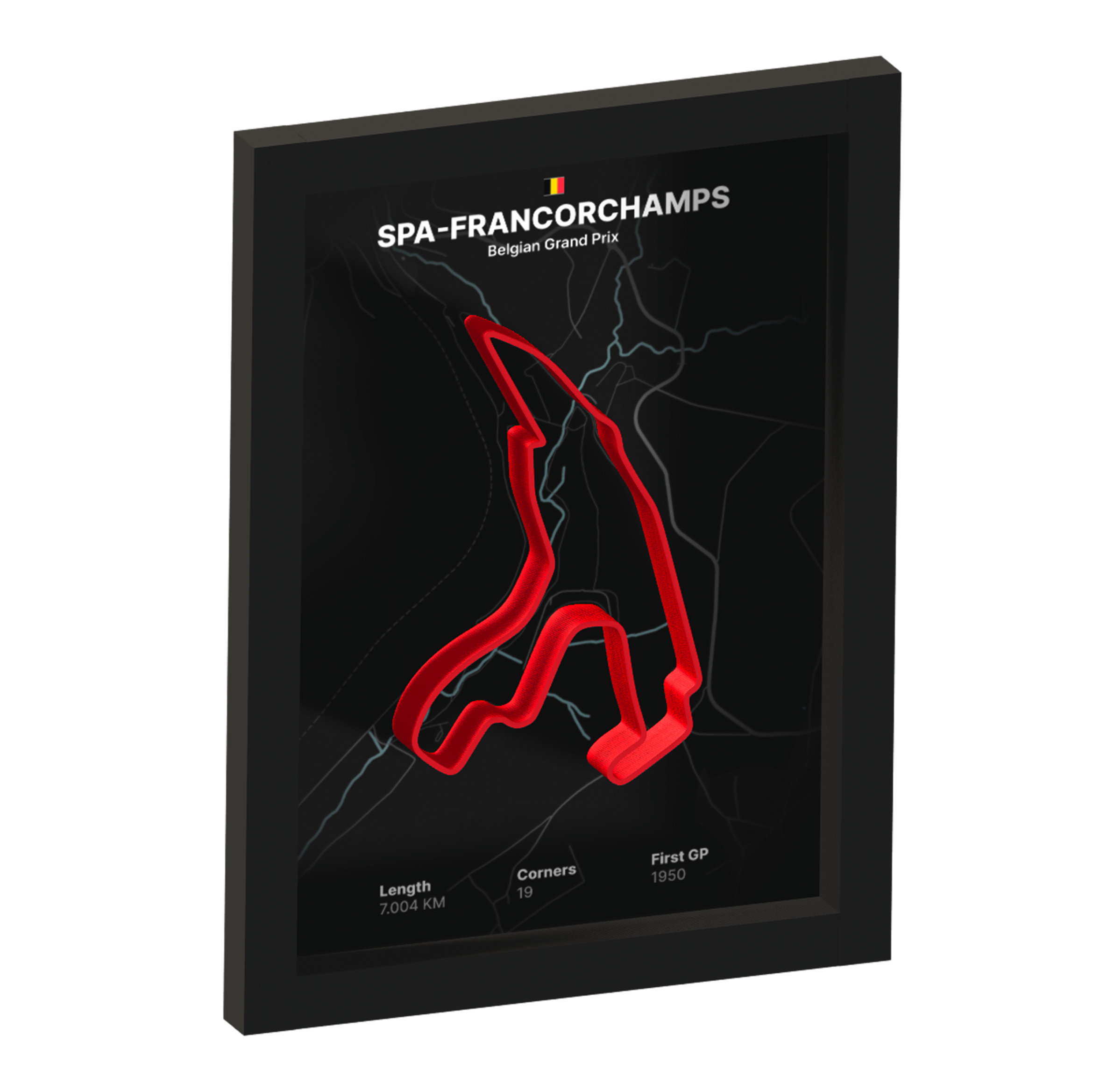 Framed artwork of Spa-Francorchamps with a 3D red track on a black background
